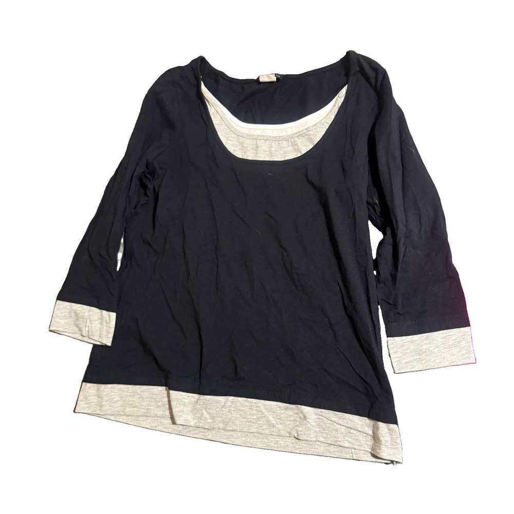 VENUS Women's L Black Gray Knit Scoop Neck Long Sleeve Top w/ Contrast Trim